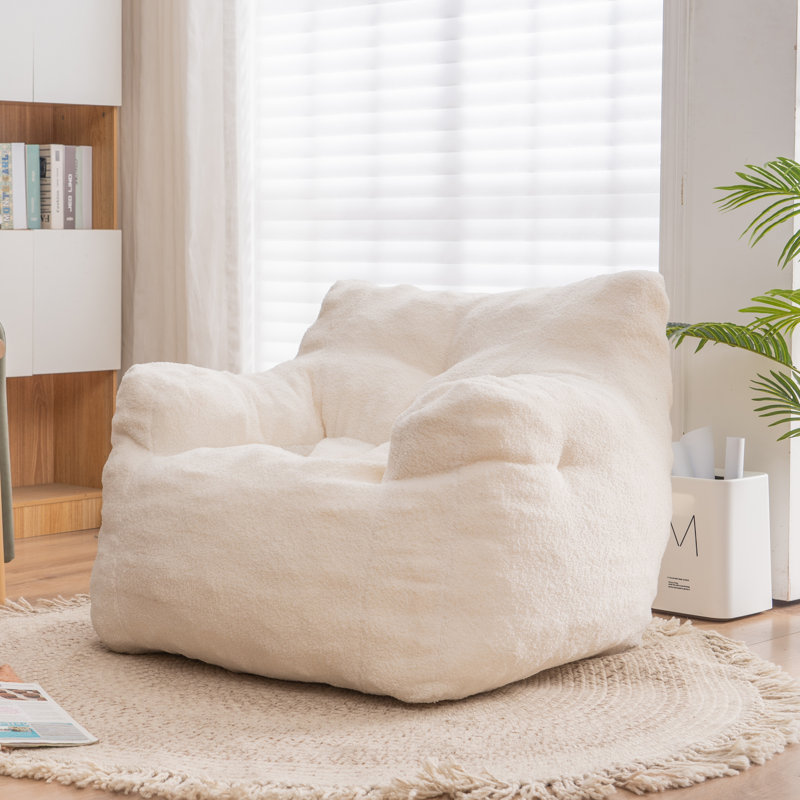Compression Medium Adult Soft Teddy Fabric Bean Bag Chair With Foam Filled, Cream White Faux Fur