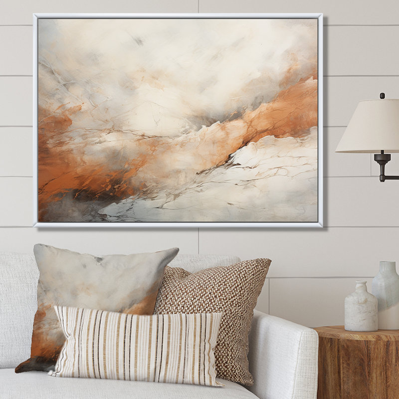 Art mural mural, montagnes de la rivière Minimalisme beige et orange, Cadre flottant blanc, H 24 po x l 32 po