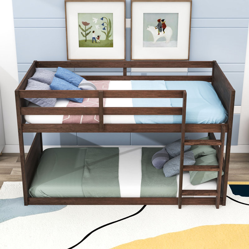 Twin Over Twin Rustic Floor Bunk Bed With Ladder And Guardrails, Antique Oak