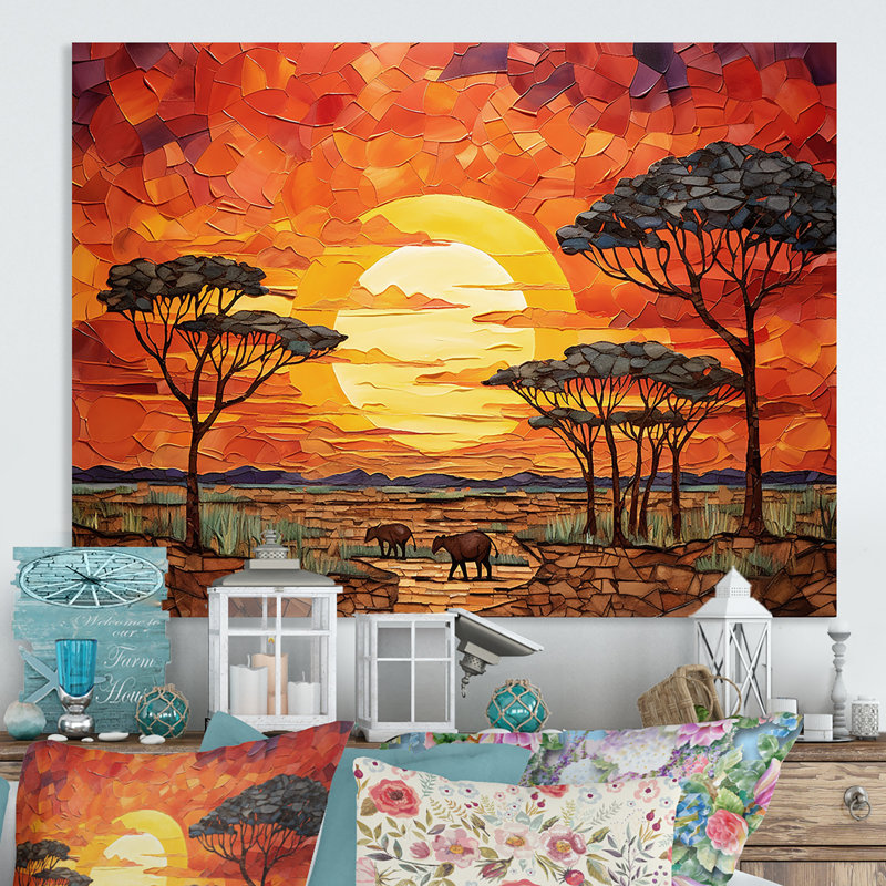 Savannah coucher de soleil en safari africain dans les teintes 2 - Boho mosaïque murale en métal, décoration d'art MT136428
