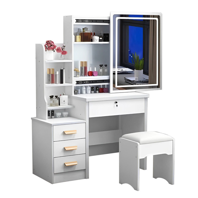 Bureau de coiffeuse élégant avec lumières et miroir - diverses options de rangement, table à 4 tiroirs blanche
