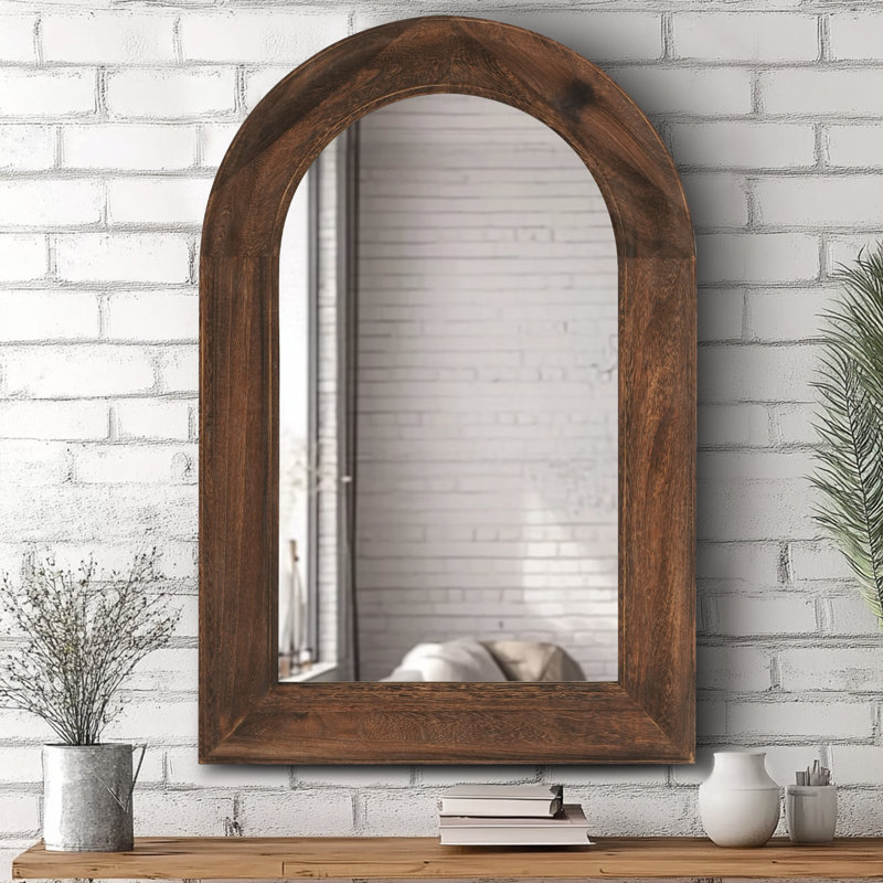 Elegant Arch Wall Mirror With Pine Wood Frame - Dark Brown Color, Versatile Wall-Mounted Or Leaning Design For Bedroom, Entryway, And Living Room Decor