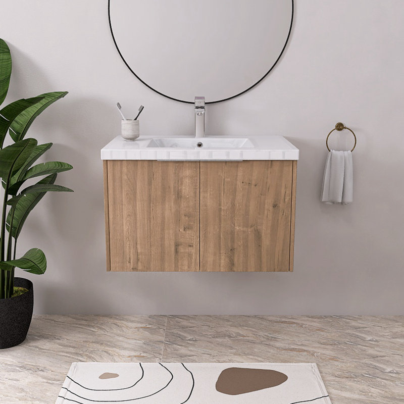 Meuble-lavabo simple avec plateau en résine Walthourville, Chêne