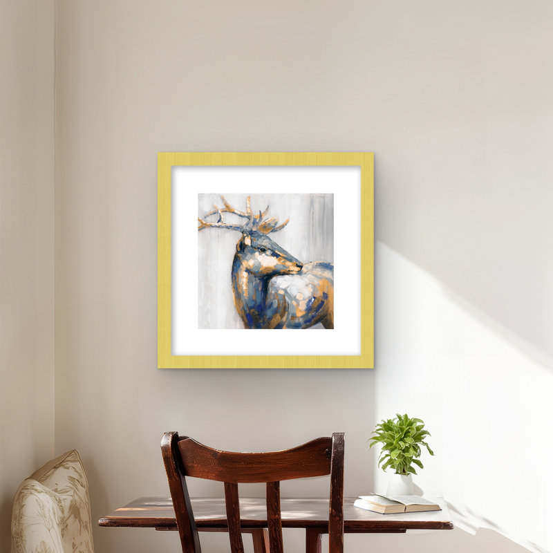 Golden Deer - imprimé mat bleu encadré pour la décoration intérieure, H 16 po x l 16 po