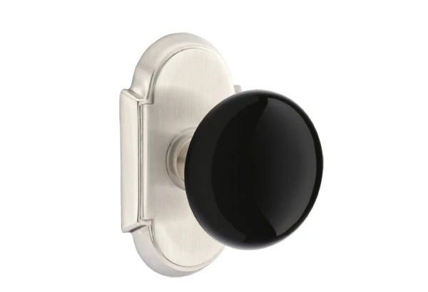 Emtek Privacy Interior Mortise Set w/ #8 Rosette & Ebony Porcelain Knob (RH), Satin Nickel