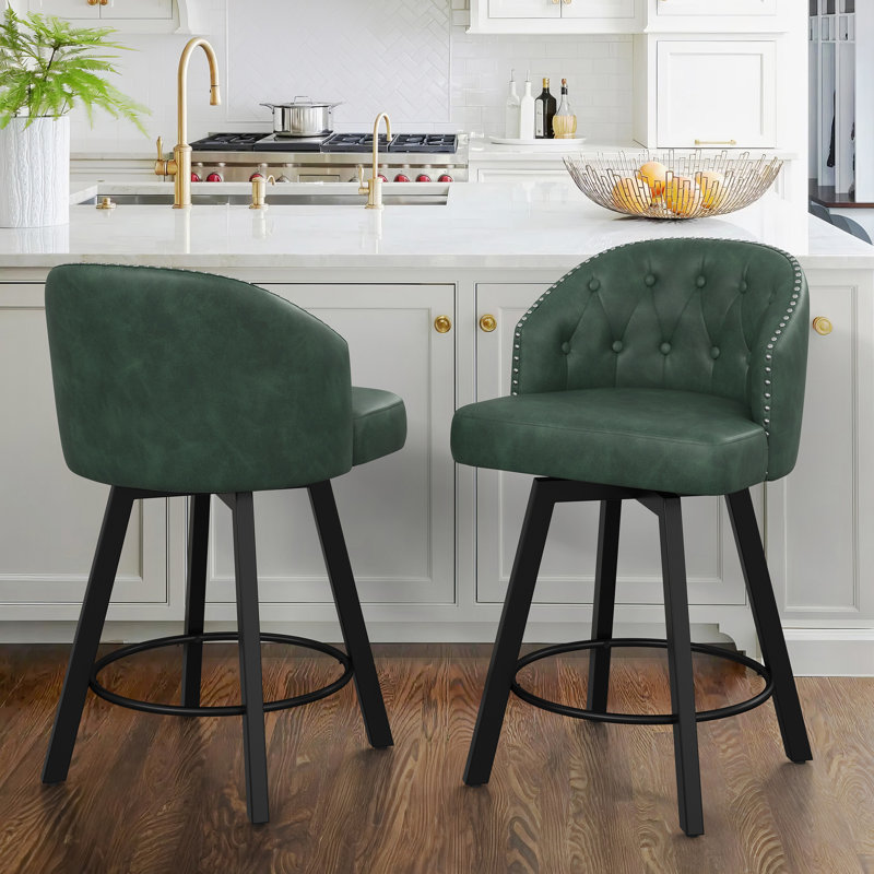Swivel Faux Leather Counter Stool with Metal Legs (Set of 2), Green