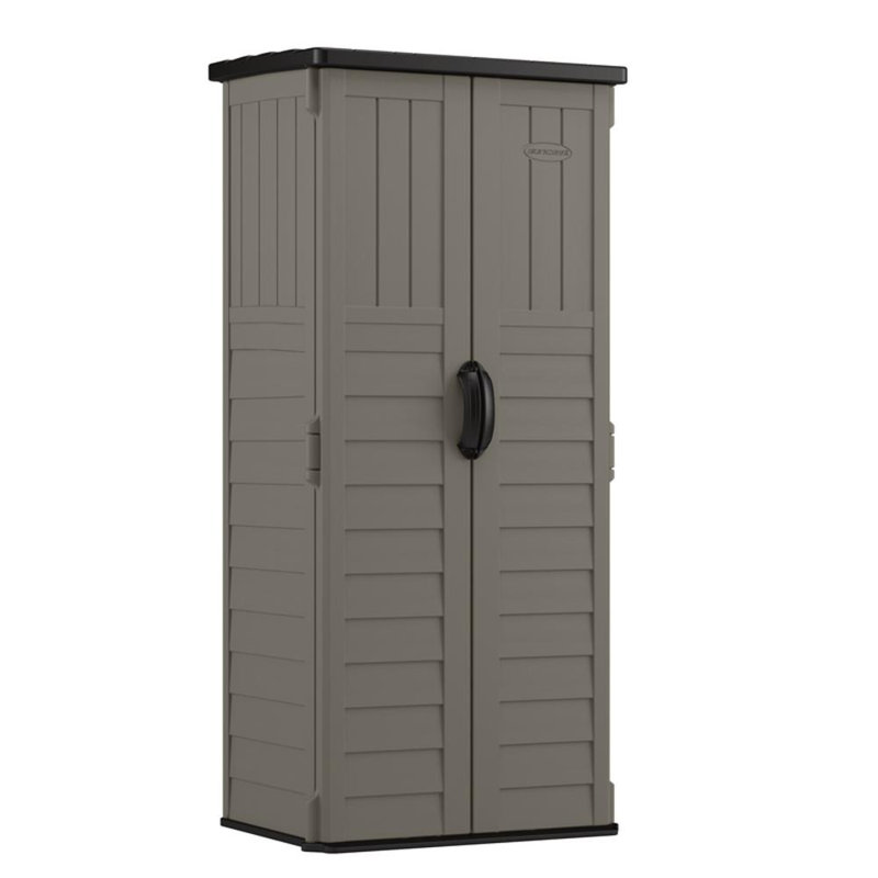 Suncast 32.25 in. W x 25.5 in. D Resin Vertical Tool Shed with Lockable Doors, Made in the USA, Stoney