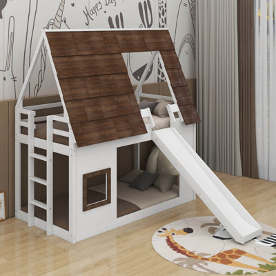 Twin Size House Bunk Bed With Roof And Slide