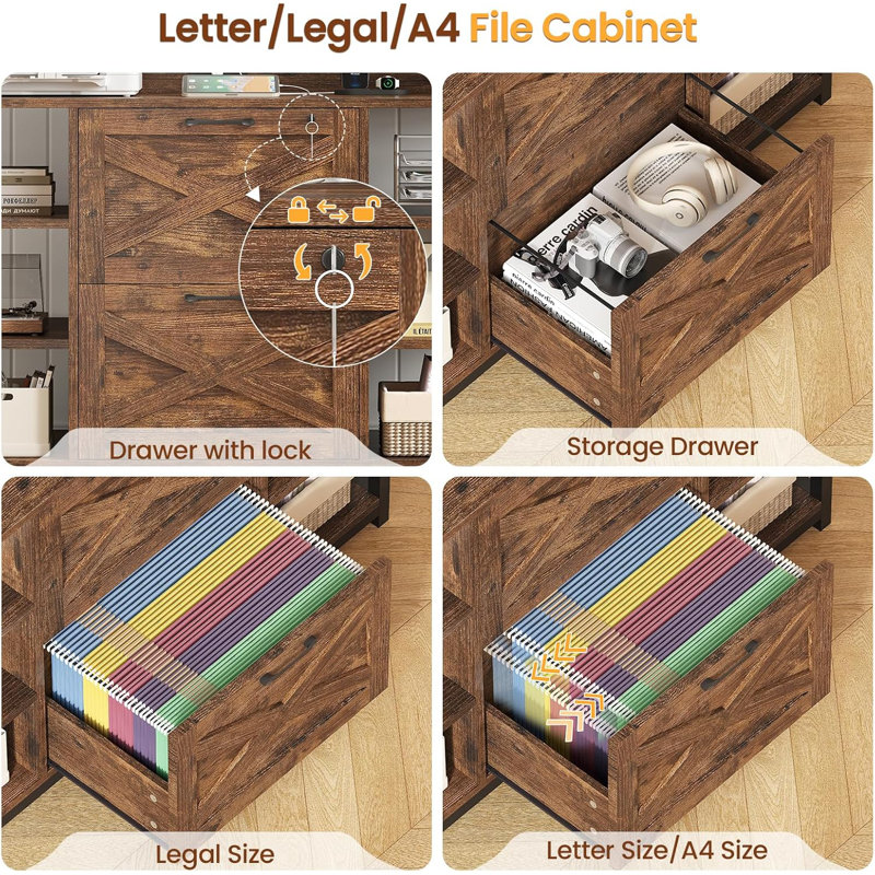 File Cabinet With Charging Station, Vertical Filing Cabinet With Lock For Home Office, Rustic Brown