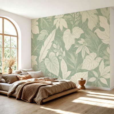 Wall Mural Peel and Stick Wallpaper Abstract shape Leaf Green Self-Adhesive Removable Contact Paper Wall Decor for Living Room Bedroom 69"H x 96"W