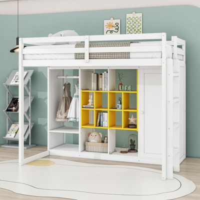 Lit mezzanine en bois avec tablettes vibrantes, garde-robe et échelle réversible