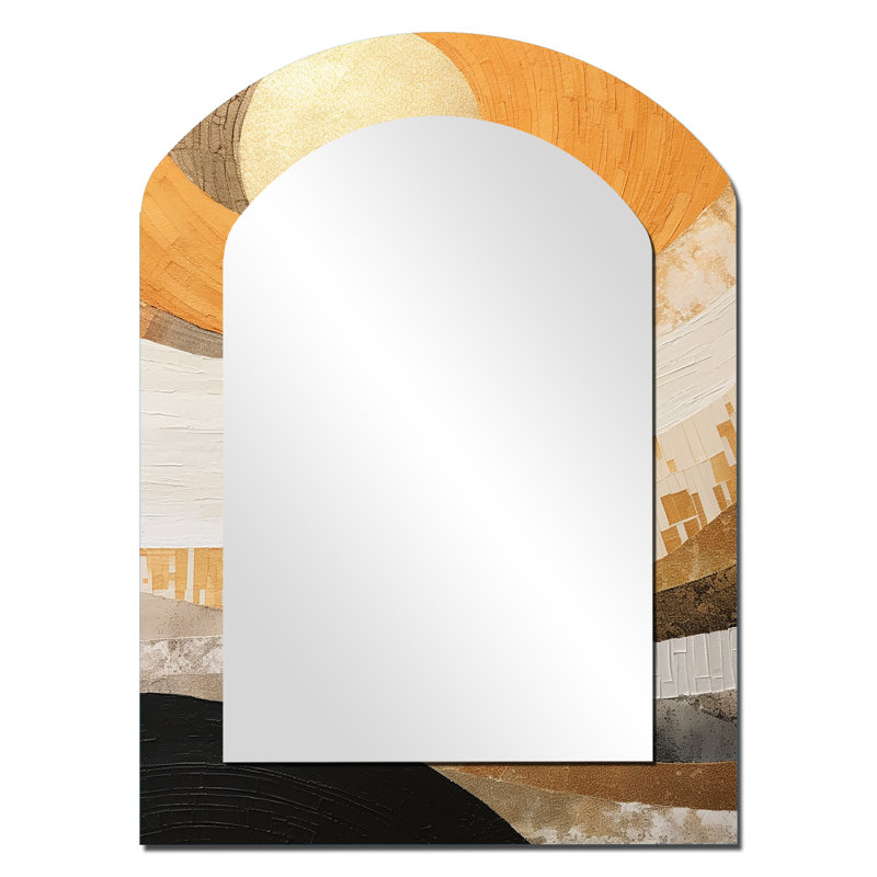 Geometric Golden Beige Sunset Harmony II - Beige Asymmetrical Wall Mirror, Traditional Arch Decorative Mirror, Printed Metal Art
