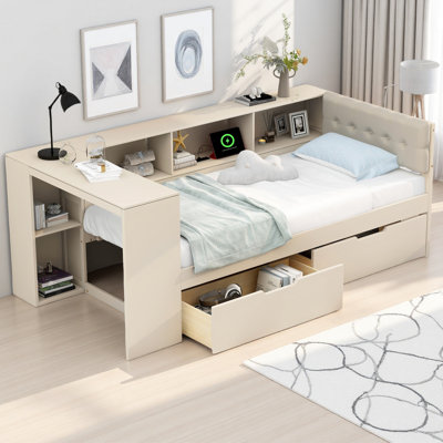 Upholstered Twin Daybed With Storage Shelves And 2 Drawers, Corner Bed Frame With Charging Station