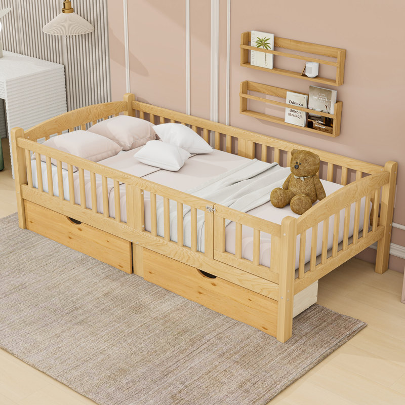 Lit plateforme en bois avec 2 tiroirs et garde-corps, Très grand simple, Naturel