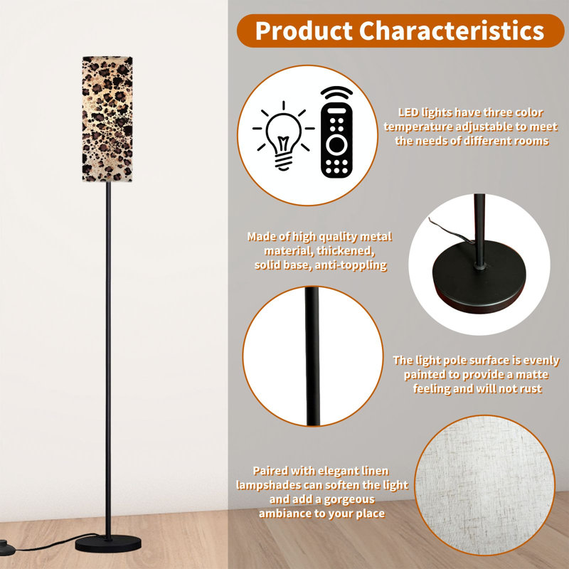  68.5" Standing Floor Lamp Brown floral Leopard seamless Dimmable Metal Pole Lamp with Linen Lampshade LED Bulb Included
