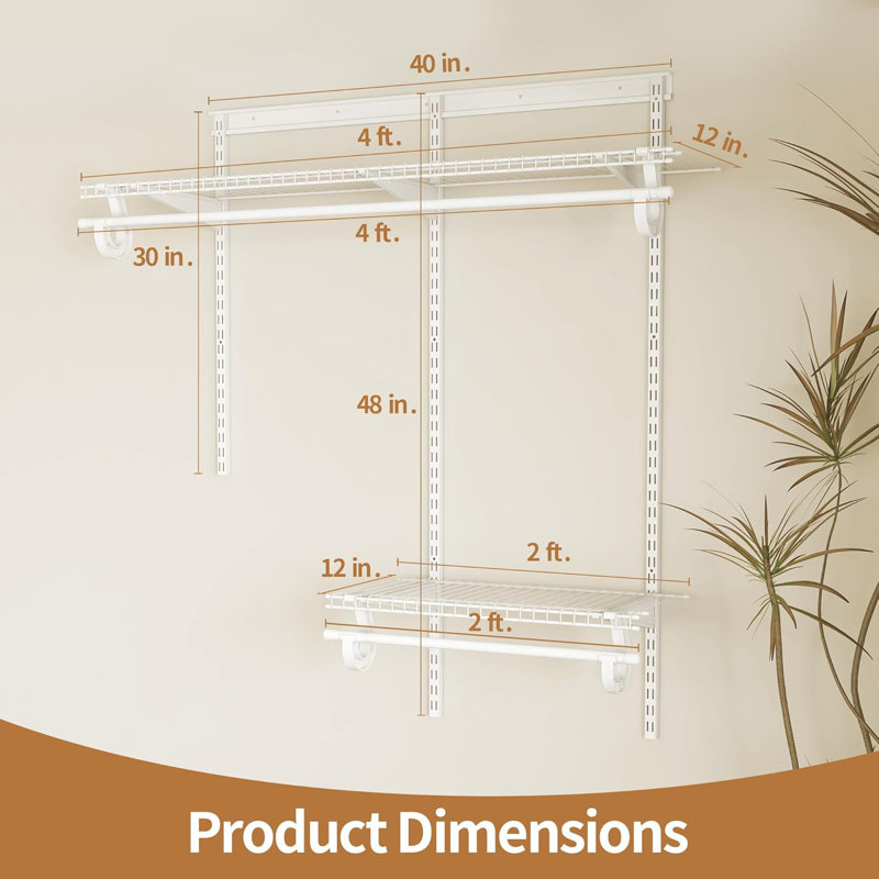 2-4 Ft. Expandable Closet Organizer System Kit, White Custom Metal Wire Shelving