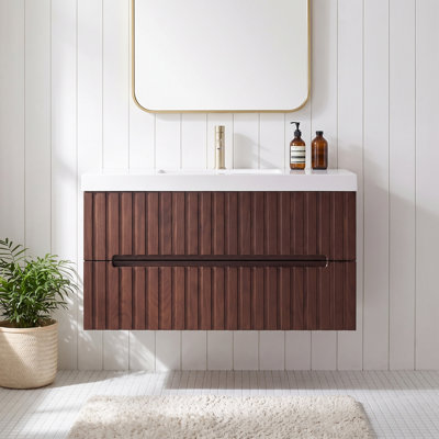 Meuble-lavabo mural simple en noyer foncé avec bassin blanc intégré en acrylique