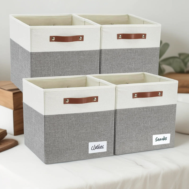 Bacs de rangement pliables en tissu avec poignées en polyuréthane renforcé, paniers de rangement pliables pour tablettes de placard, paquet de 4, 13 x 13 x 13 po