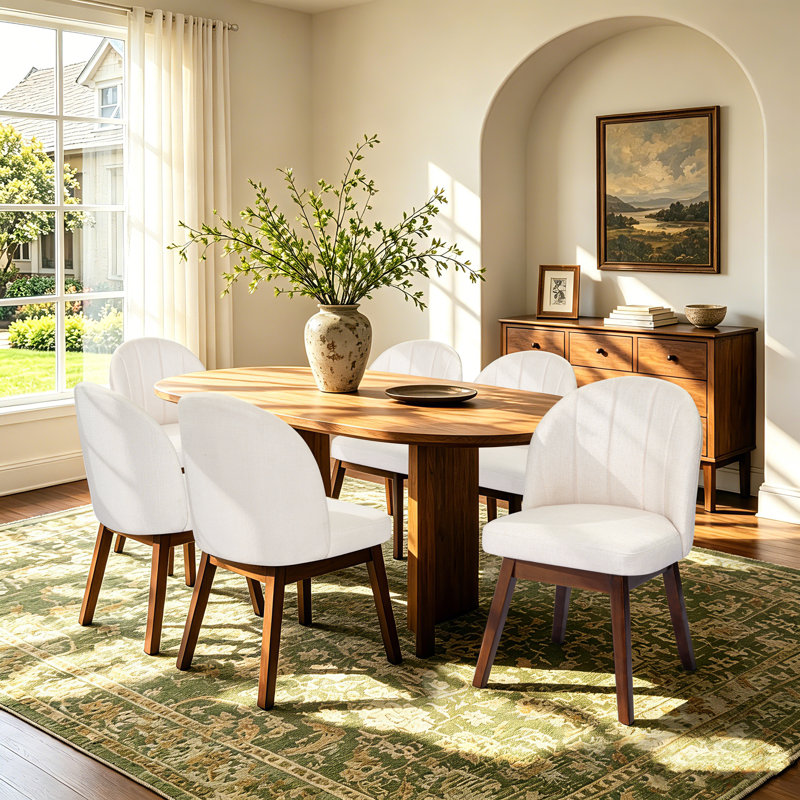 Chaise de salle à manger rembourrée en tissu, dossier incurvé, pieds en bois massif, beige, ensemble de 6, 6, Beige
