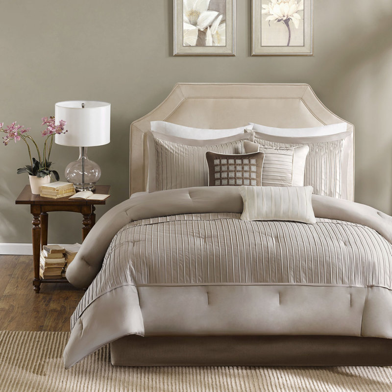 Trinity Taupe 7-Piece Polyester Charmeuse Queen Comforter Set