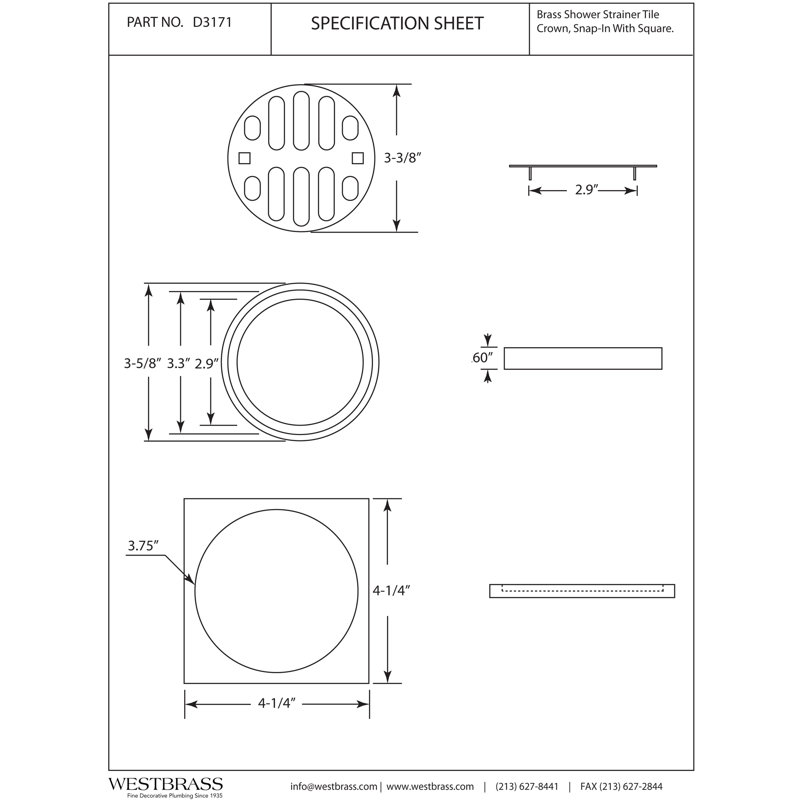 Carré de carreau de douche 4-1 / 4 "avec couvercle de bonde rond 3-1 / 2" DO, Nickel poli