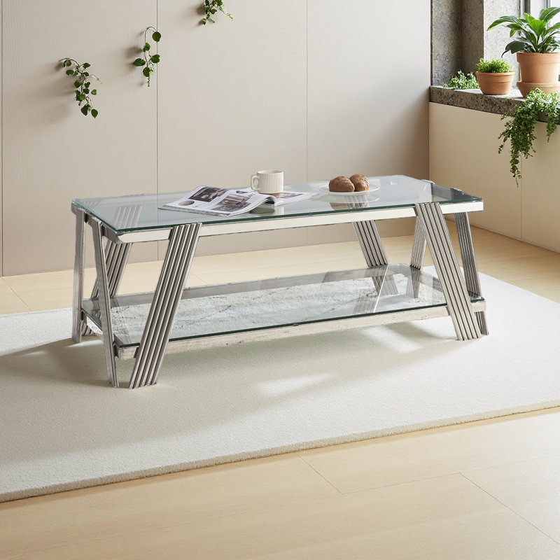 Table basse rectangulaire moderne en acier inoxydable de 47,5 po de largeur, table basse en verre trempé transparent à deux couches, table centrale avec rangement