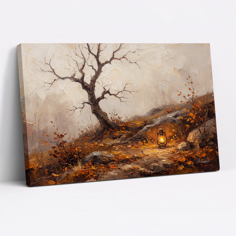 Art mural sur toile, arbre nu et lanterne rougeoyante en bois d'automne, H 36 po x l 48 po