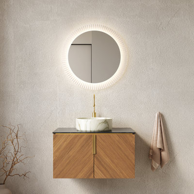 Meuble-lavabo de salle de bain de 76 cm (30 po) en chêne brun avec comptoir noir, lavabo rond en céramique blanche, grand espace de rangement et robinetterie intégrée - Revêtement en pierre frittée flottante en contreplaqué, meuble facile à assembler