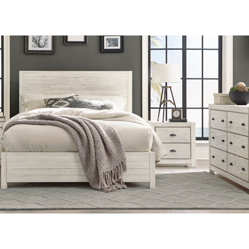 Montauk Solid Wood Bedroom Set, Rustic Off-White, Queen, 3 Pcs: Bed, Nightstand, Double Dresser