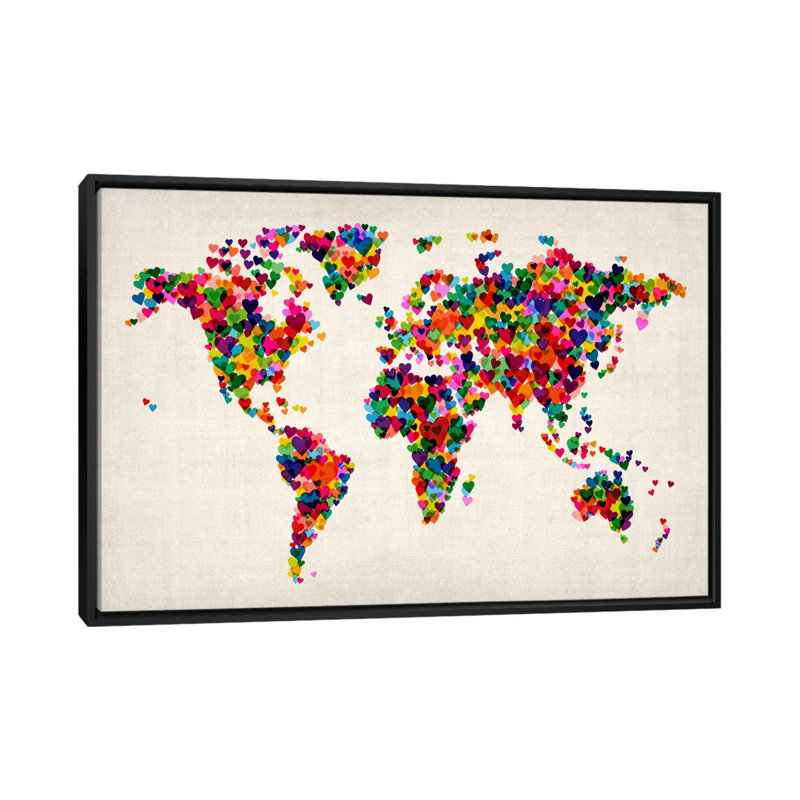 «World Map Hearts II», impression sur toile, H 18 po x l 26 po x P 1,5 po, Toile avec cadre noir, Pas de tapis