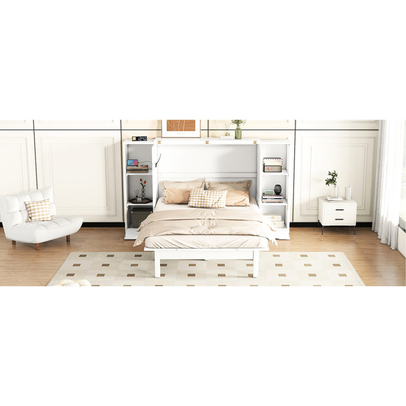 Lit pour petits espaces avec tablettes, tiroirs et rangement de tiroir blanc, tablettes, Blanc, Grand lit