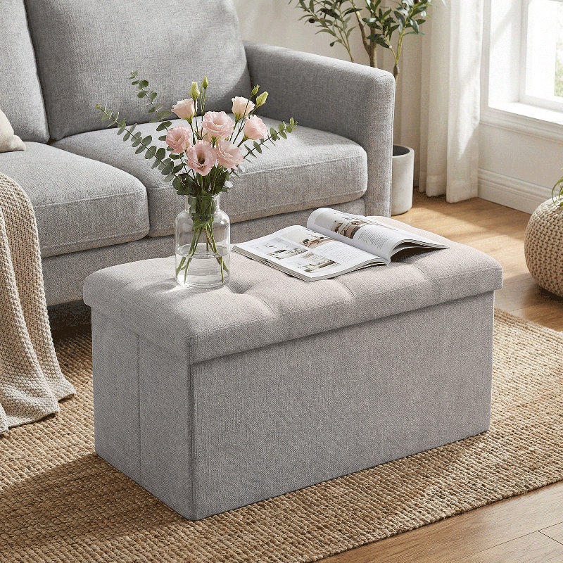 30" Collapsible Storage Ottoman Bench, Cotton-Linen Footrest With Storage, For Living Room, Bedroom Entryway, Light Gray