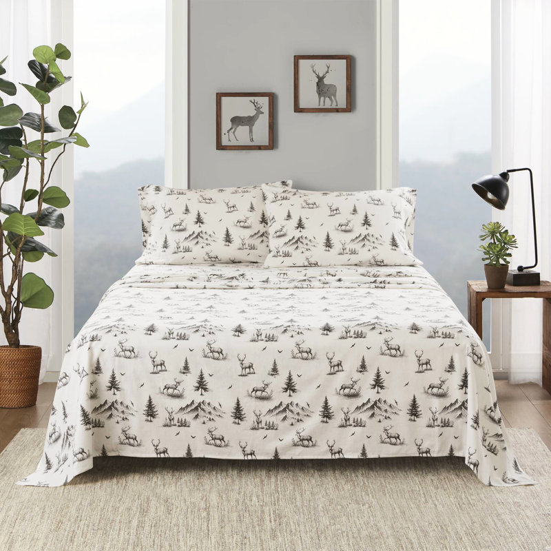 Grand drap gris cerf 4 pièces 100% flanelle de coton doux brossé des deux côtés - Lavable à la machine Entretien facile avec élastique ajusté