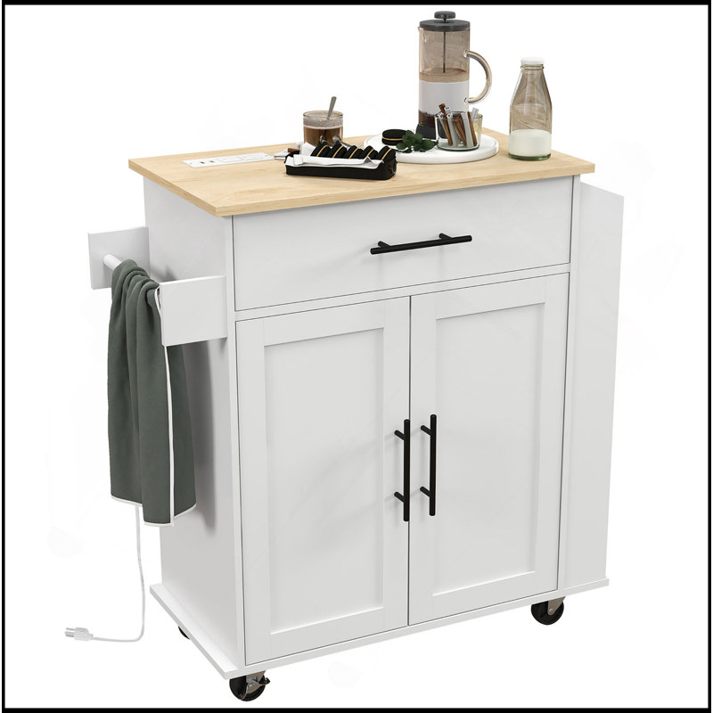 Kitchen Island With Storage, Rolling Kitchen Cart With AC Outlets And USB Ports, Microwave Stand With Towel And Spice Rack