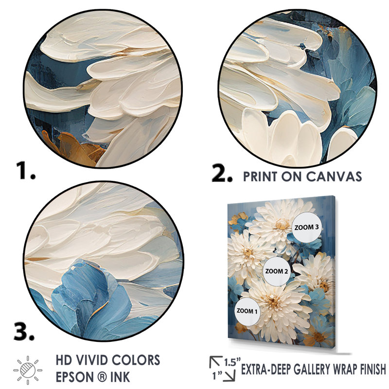 «White and Blue Chrysanthemums II», reproduction sur toile, Cadre flottant blanc, H 20 po x l 12 po x P 1 po