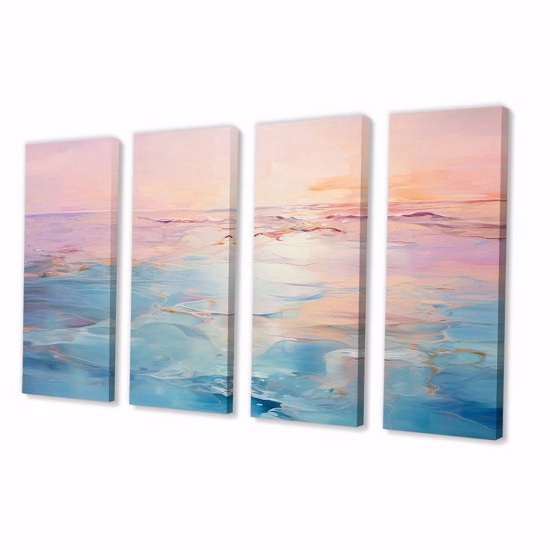 Coucher de soleil rose et bleu pastel sur toile, 4 pièces