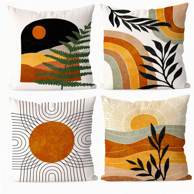 Sunset Botanical Mountain Pillow Covers - Set of 4 | Boho Nature Landscape Throw Pillow Cases for Home Bedroom Decor - Ideal Gifts