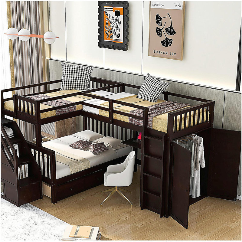 Lit superposé simple en L avec 3 tiroirs, bureau portatif et garde-robe, espresso (ANCIEN SKU: LT100542AAP), Espresso