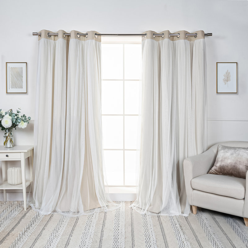 Fortuna Brockham Solid Tulle Overlay Room Darkening Grommet Curtain Panels, Beige, 52" W x 96" L