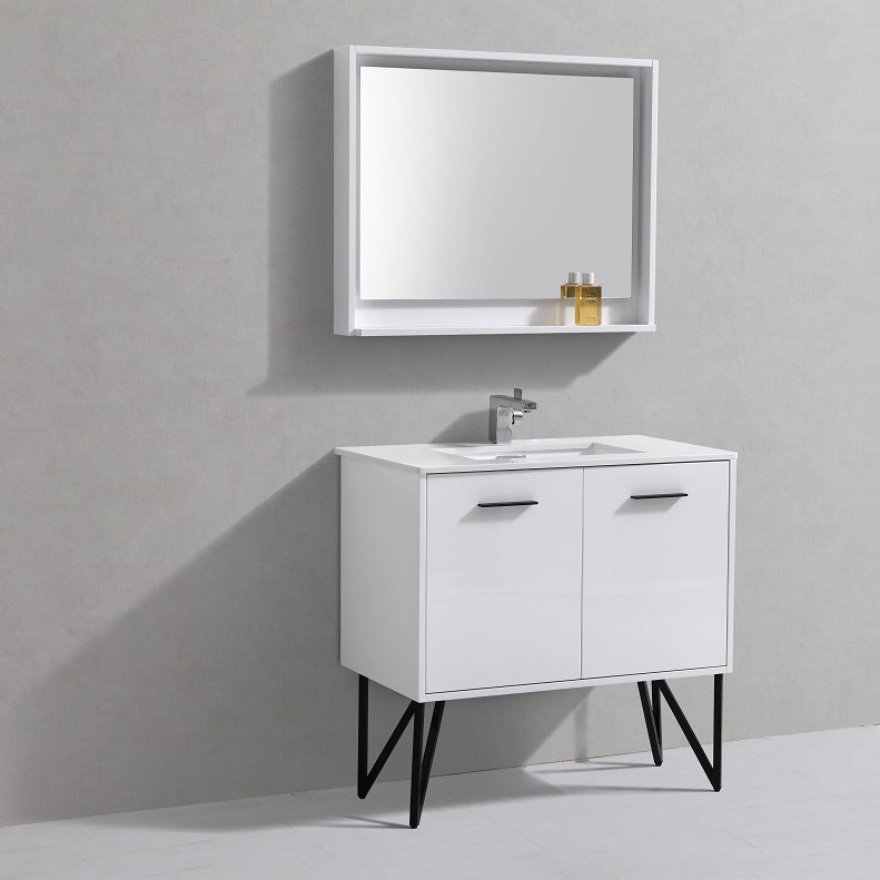 Ensemble de meuble-lavabo simple 36 po avec miroir Almaraz, Blanc brillant