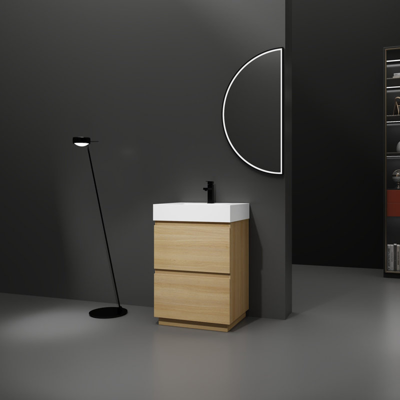 Meuble-lavabo autoportant de style minimaliste moderne 24 po avec lavabo en résine et tiroirs, Chêne