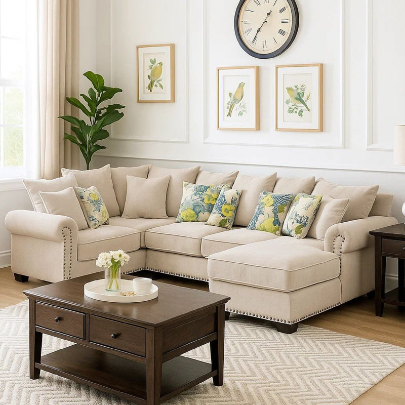Diann Upholstered 122.5 " U-Shaped Sofa & Chaise, Beige