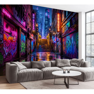 Wall Mural Peel and Stick Wallpaper Neon Graffiti Alley Reflections Skyscrapers Self-Adhesive Removable Contact Paper Wall Decor for Living Room Bedroom 100"H x 144"W