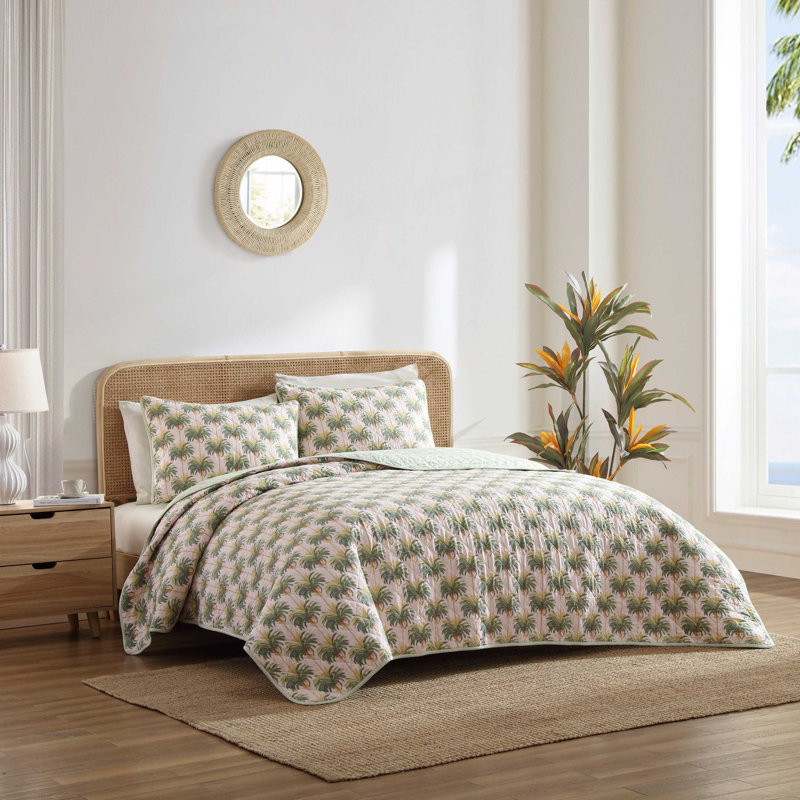 Tommy Bahama Santiago Cotton Reversible Pink Quilt Set, Twin Quilt + 1 Standard Sham, Green Floral