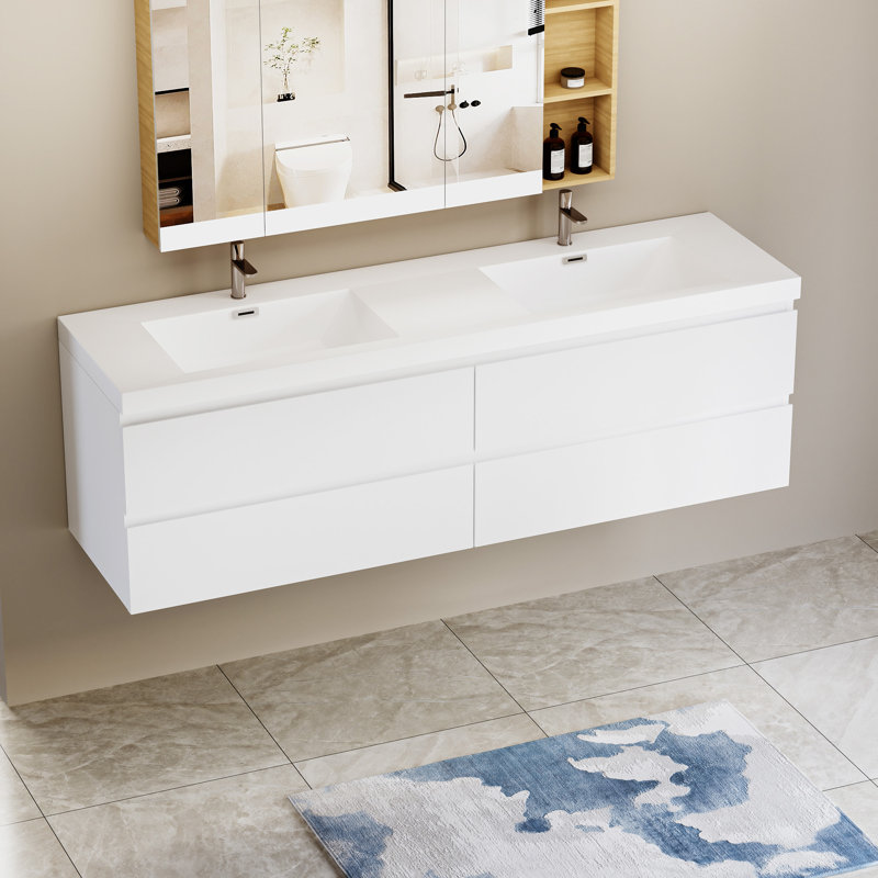 72" Floating Bathroom Vanity With Sink, Blanc