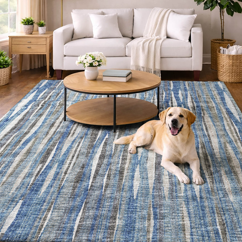 Premium Machine Washable Dream Shag ADS31 Textured Stripes Rug, Blue, 8' x 10'
