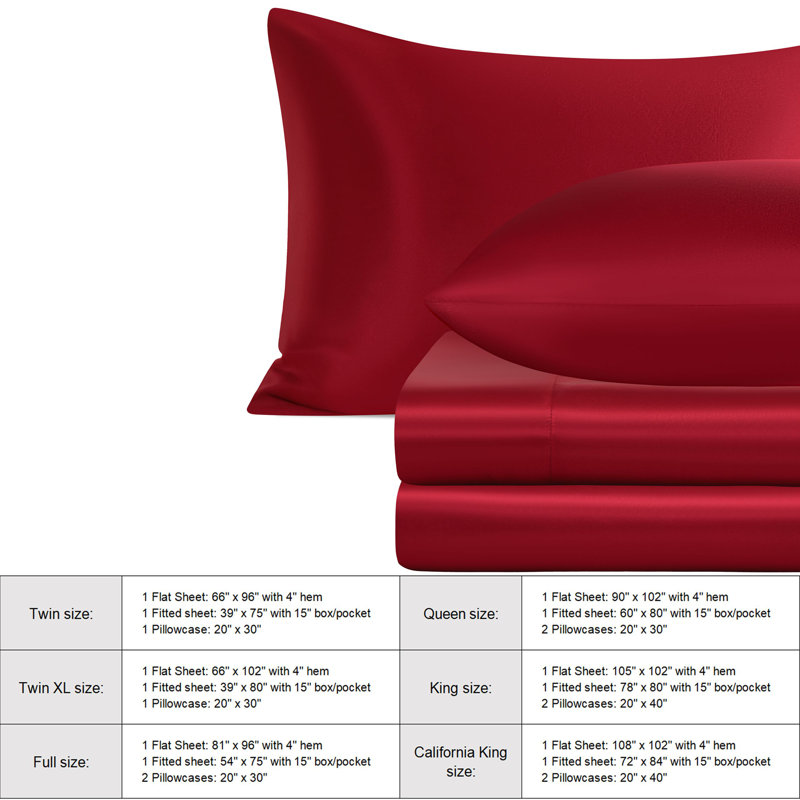 Lustrous Satin Bed Sheet Set Luxury Soft Durable, Twin Sheet Set with 1 Pillowcase, Wine Red