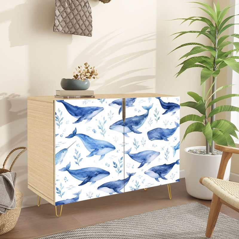 Buffet Buffet avec rangement Aquarelle transparente bleu marine avec 2 portes pour le salon et la cuisine