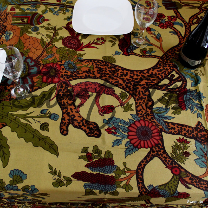 Handmade Cotton Floral Tree of Life Tapestry Tablecloth, Gold, 70" H x 104" W