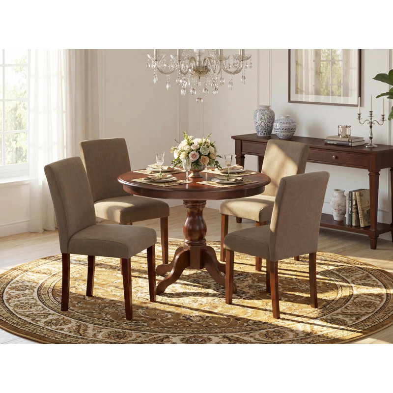 5 Piece Dining Table Set for 4 Includes a Round Kitchen Table with Pedestal and 4 Coffee Linen Fabric Parson Dining Room Chairs, Mahogany